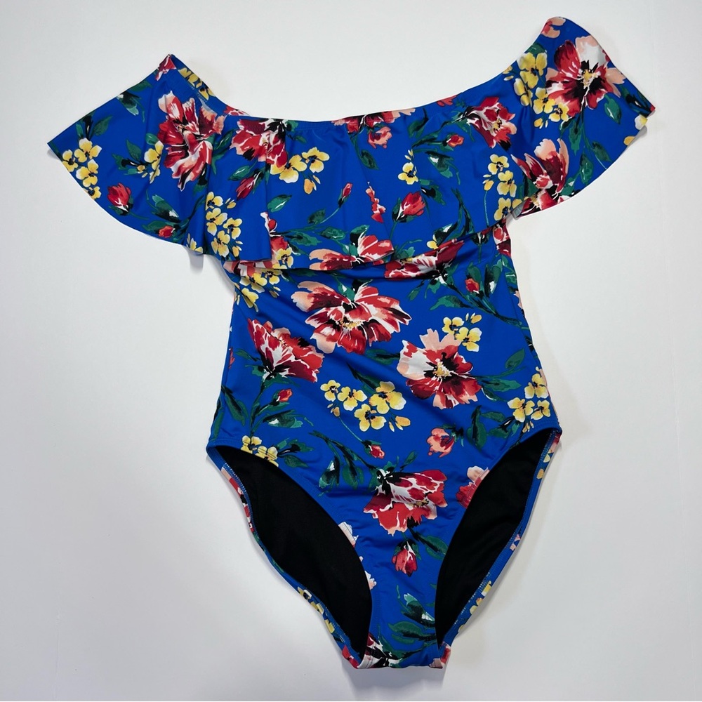 Lauren Ralph Lauren Floral Off Shoulder One Piece Swimsuit Blue Ruffle Small